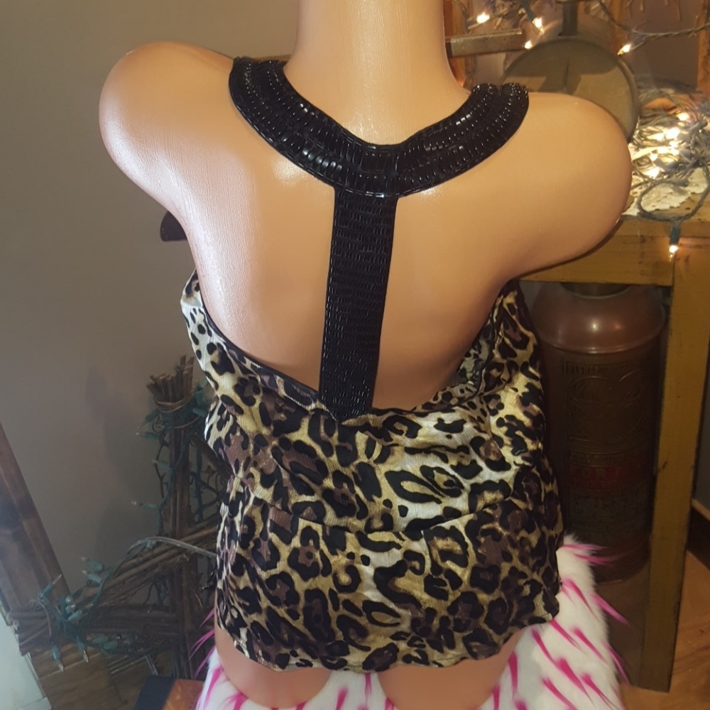 Bebe logo animal print T back beaded top S - Picture 5 of 7